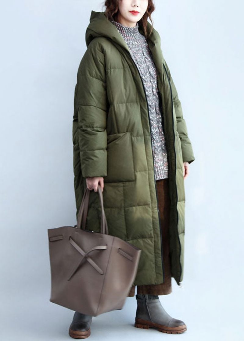 Boutique Army Green Hooded Dragkedja Fickor Duck Down Puffer Coat Vinter - Dunjackor för kvinnor