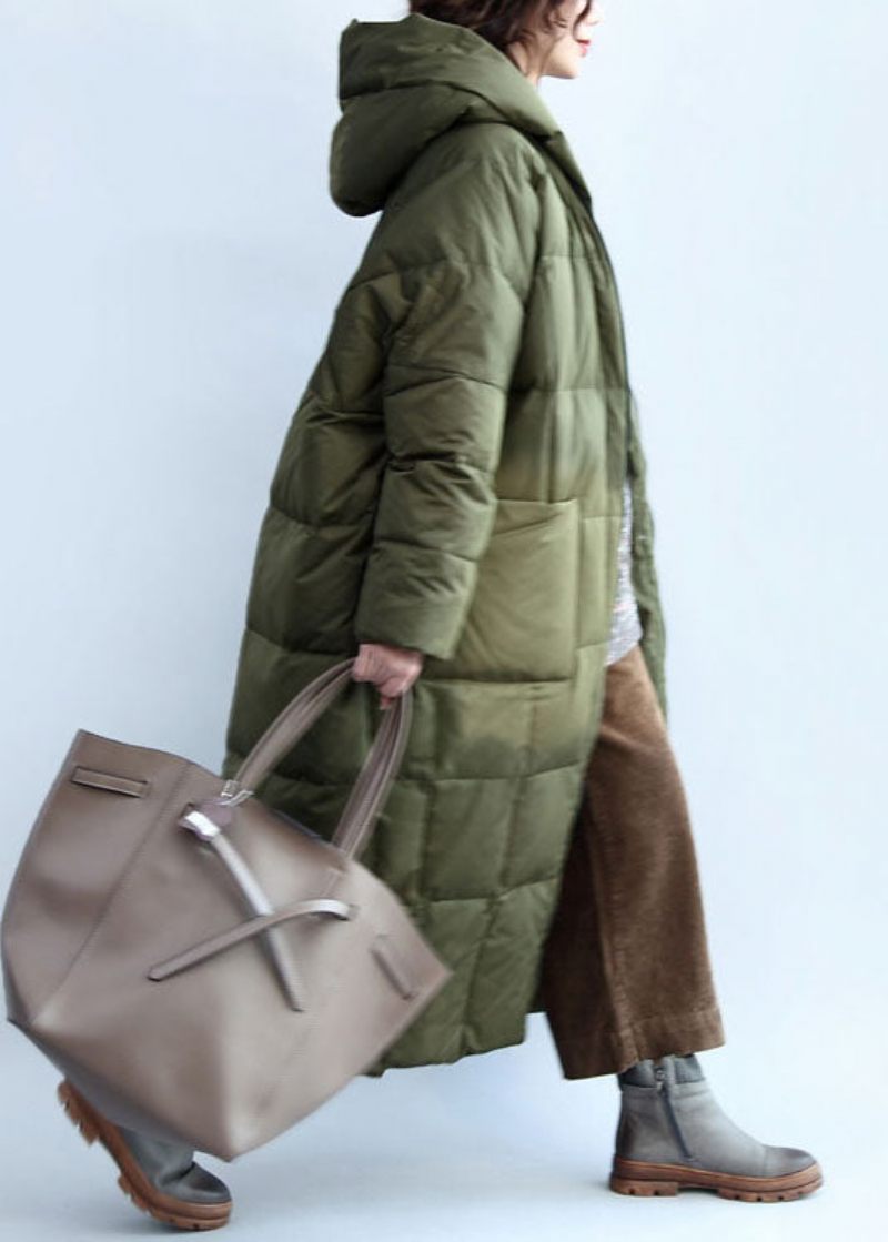 Boutique Army Green Hooded Dragkedja Fickor Duck Down Puffer Coat Vinter - Dunjackor för kvinnor