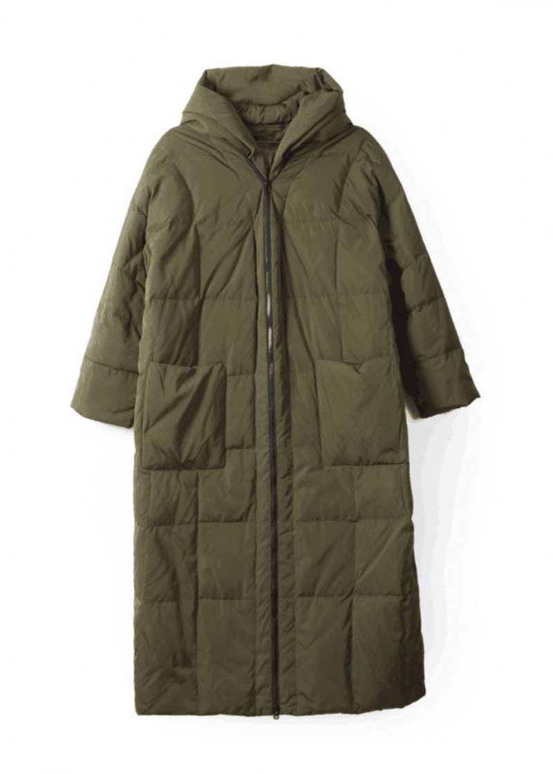 Boutique Army Green Hooded Dragkedja Fickor Duck Down Puffer Coat Vinter - Dunjackor för kvinnor