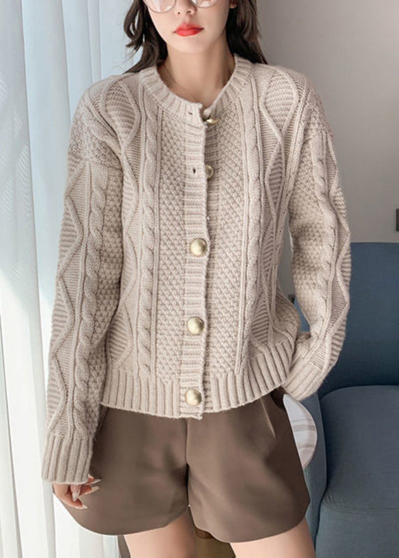 Boutique Beige O-neck Button Cable Stickad Cardigan Fall