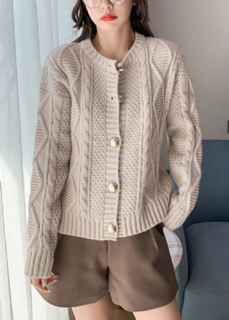 Boutique Beige O-neck Button Cable Stickad Cardigan Fall