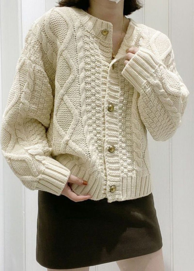 Boutique Beige O-neck Button Cable Stickad Cardigan Fall - Beige