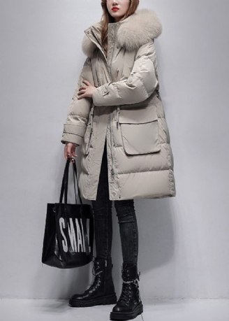 Boutique Beige Pälskrage Hooded Dragsko Duck Down Coat Winter