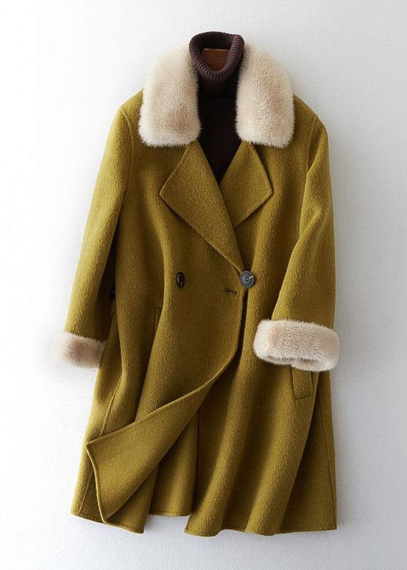 Boutique Beige Yllejackor Oversize Medellängd Jackor Pälskrage Kappa Dubbel Bröst - Trenchcoats för kvinnor