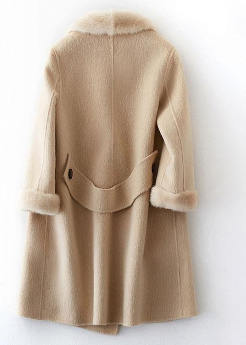 Boutique Beige Yllejackor Oversize Medellängd Jackor Pälskrage Kappa Dubbel Bröst - Trenchcoats för kvinnor