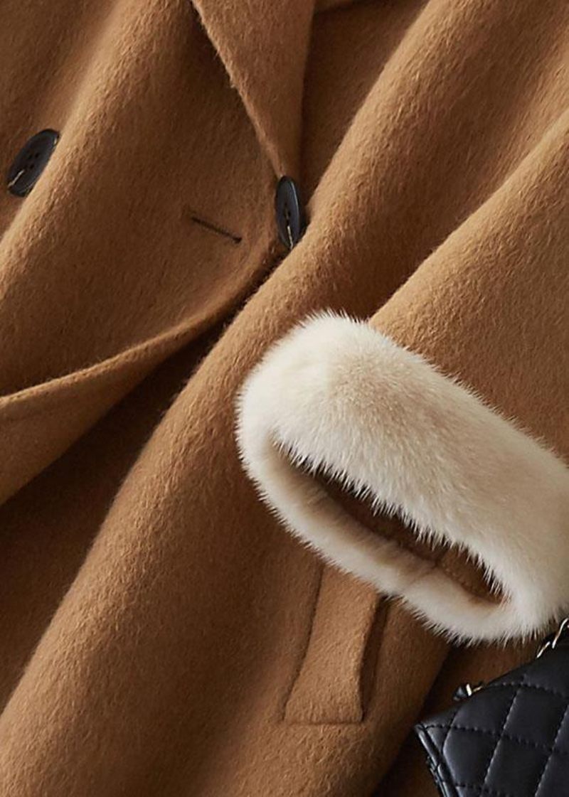 Boutique Beige Yllejackor Oversize Medellängd Jackor Pälskrage Kappa Dubbel Bröst - Trenchcoats för kvinnor