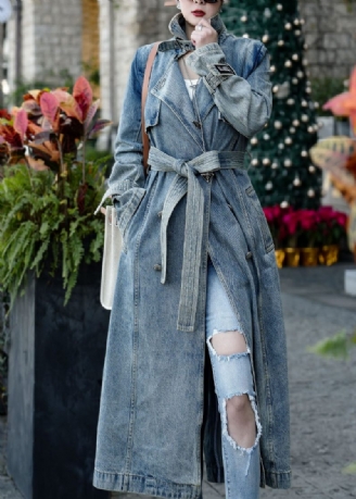 Boutique Blå Fickor Tie Midja Patchwork Denim Trench Fall