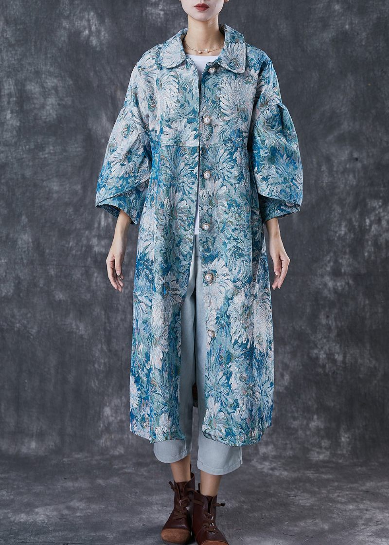 Boutique Blå Överdimensionerad Daisy Print Cotton Trench Coats Spring - Trenchcoats för kvinnor