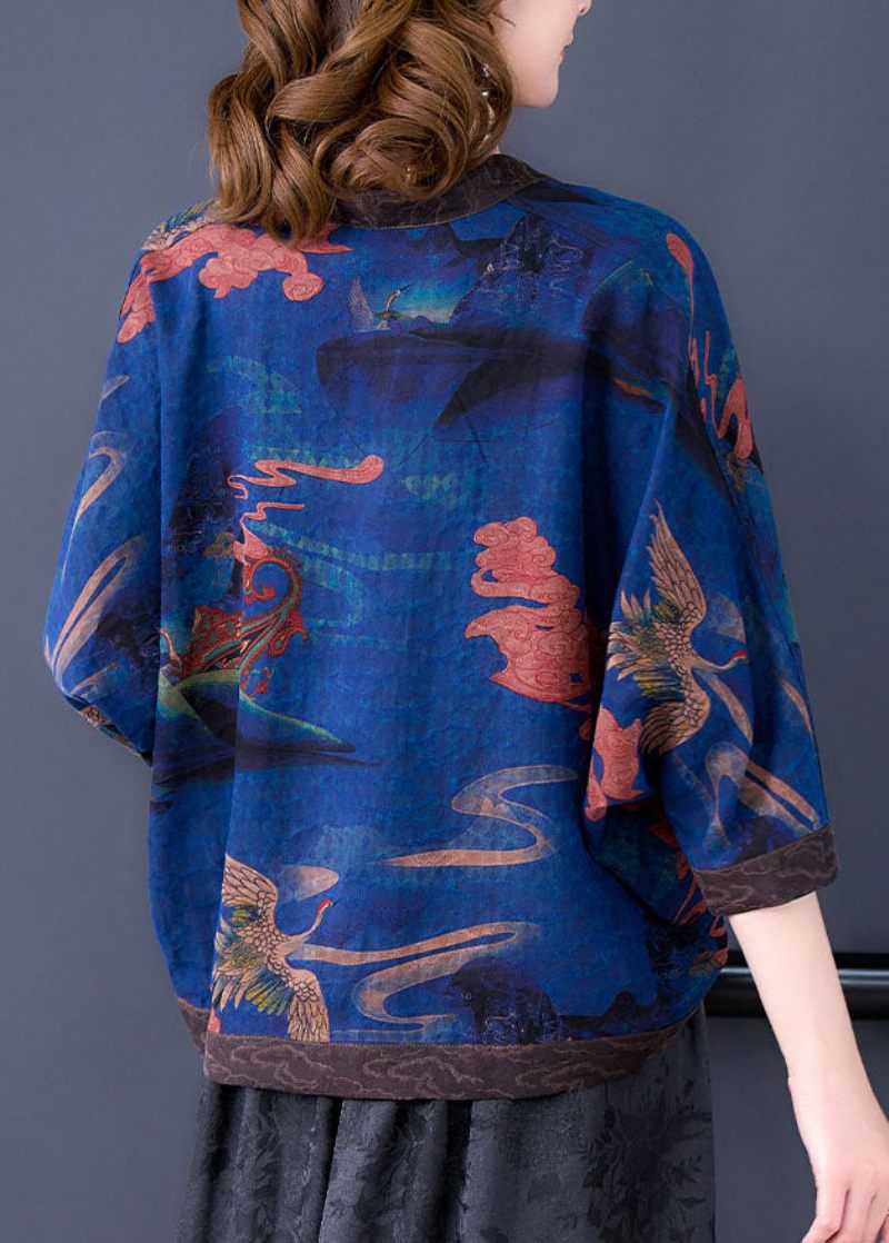 Boutique Blå V-halstryck Orientalisk Knapp Silk Lös Kofta Batwing Sleeve - Koftor för kvinnor