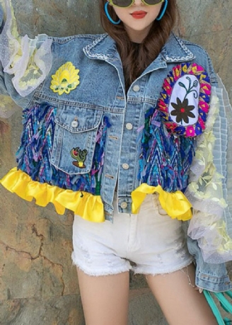 Boutique Blå Volangfickor Blommor Dekorerade Patchwork Denim Kort Kappa Spring