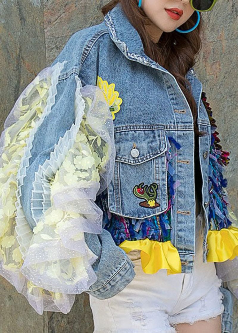 Boutique Blå Volangfickor Blommor Dekorerade Patchwork Denim Kort Kappa Spring - Vinterkappor för kvinnor