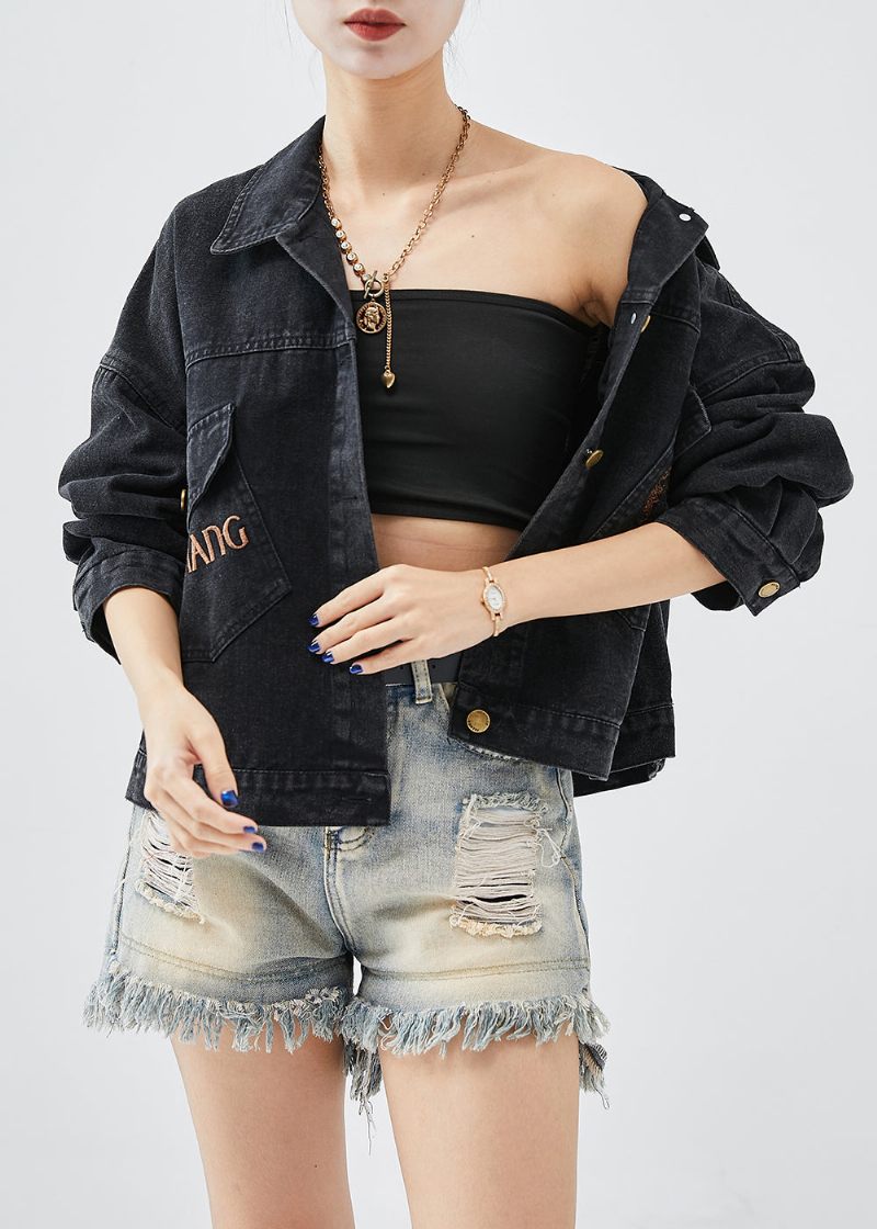 Boutique Black Brodered Letter Butterfly Denim Jacka Fall