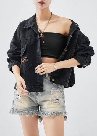 Boutique Black Brodered Letter Butterfly Denim Jacka Fall