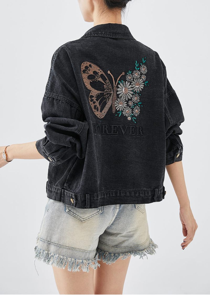 Boutique Black Brodered Letter Butterfly Denim Jacka Fall - Vinterkappor för kvinnor