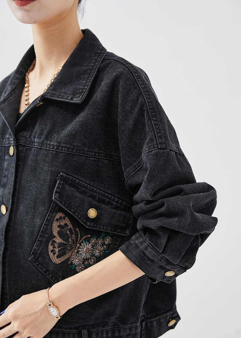 Boutique Black Brodered Letter Butterfly Denim Jacka Fall - Vinterkappor för kvinnor