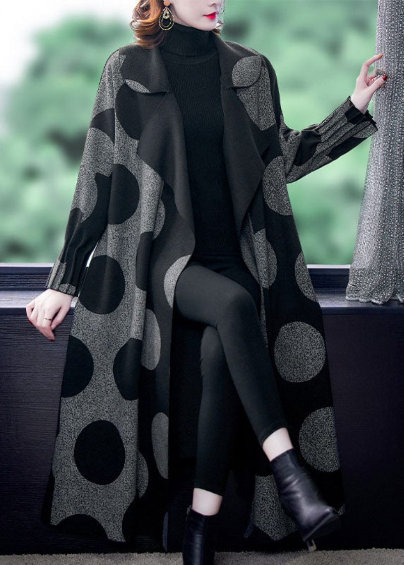 Boutique Black Patchwork Dot Print Loose Fall Långärmad Kappa - Trenchcoats för kvinnor