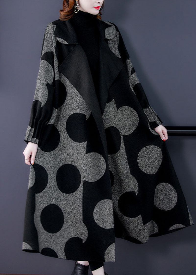 Boutique Black Patchwork Dot Print Loose Fall Långärmad Kappa - Trenchcoats för kvinnor