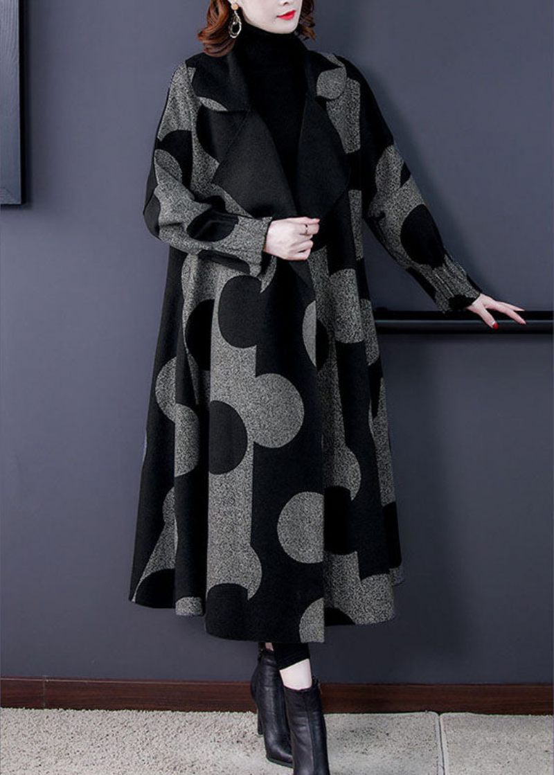 Boutique Black Patchwork Dot Print Loose Fall Långärmad Kappa - Trenchcoats för kvinnor