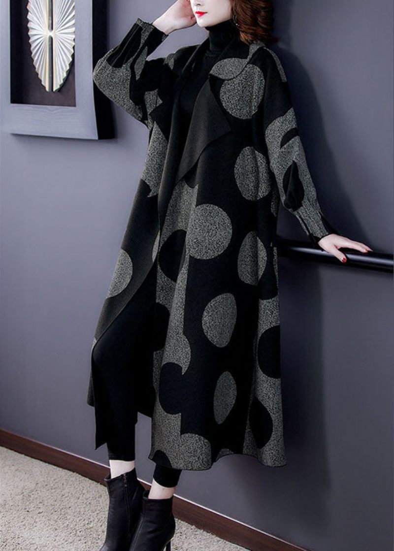 Boutique Black Patchwork Dot Print Loose Fall Långärmad Kappa - Trenchcoats för kvinnor