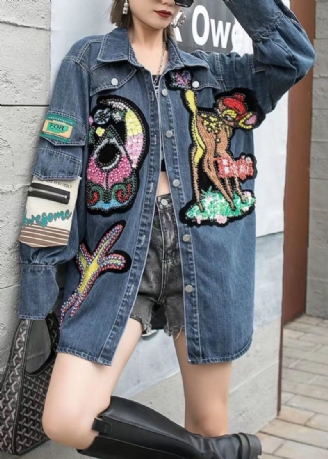 Boutique Blue Brodered Zircon Nail Bead Patchwork Denim Coat Spring