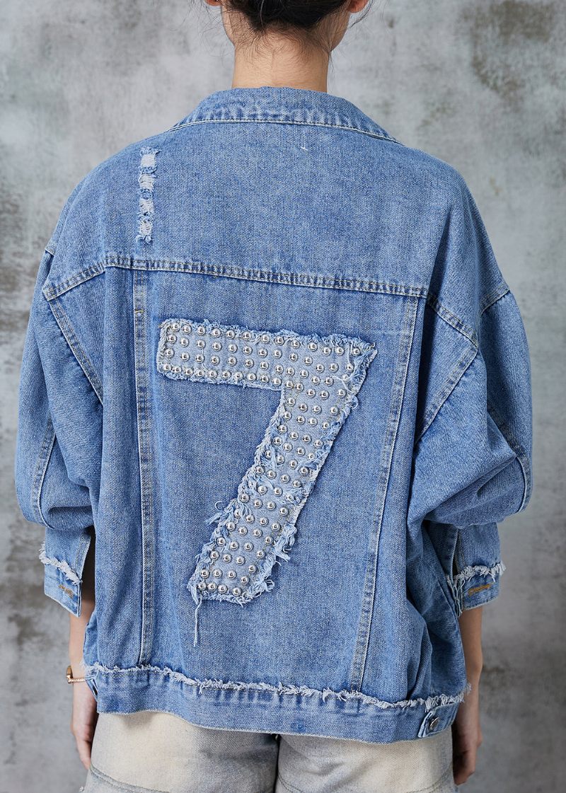 Boutique Blue Oversized 7 Rivet Denim Jackor Spring - Vinterkappor för kvinnor