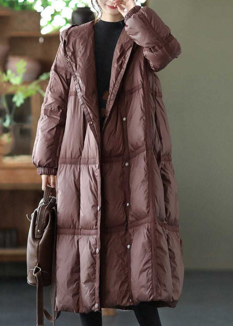 Boutique Brown Hooded Pläd Oversized Duck Down Puffer Långa Kappor Vinter - Dunjackor för kvinnor