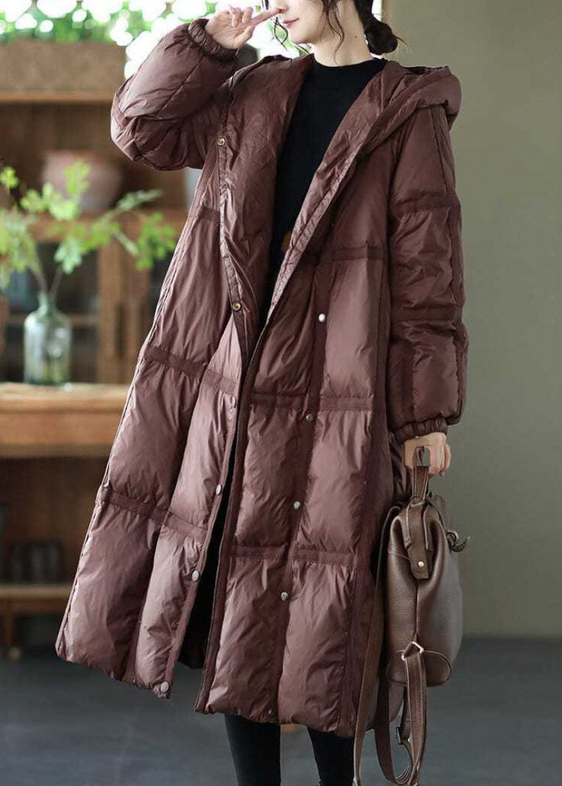 Boutique Brown Hooded Pläd Oversized Duck Down Puffer Långa Kappor Vinter - Dunjackor för kvinnor