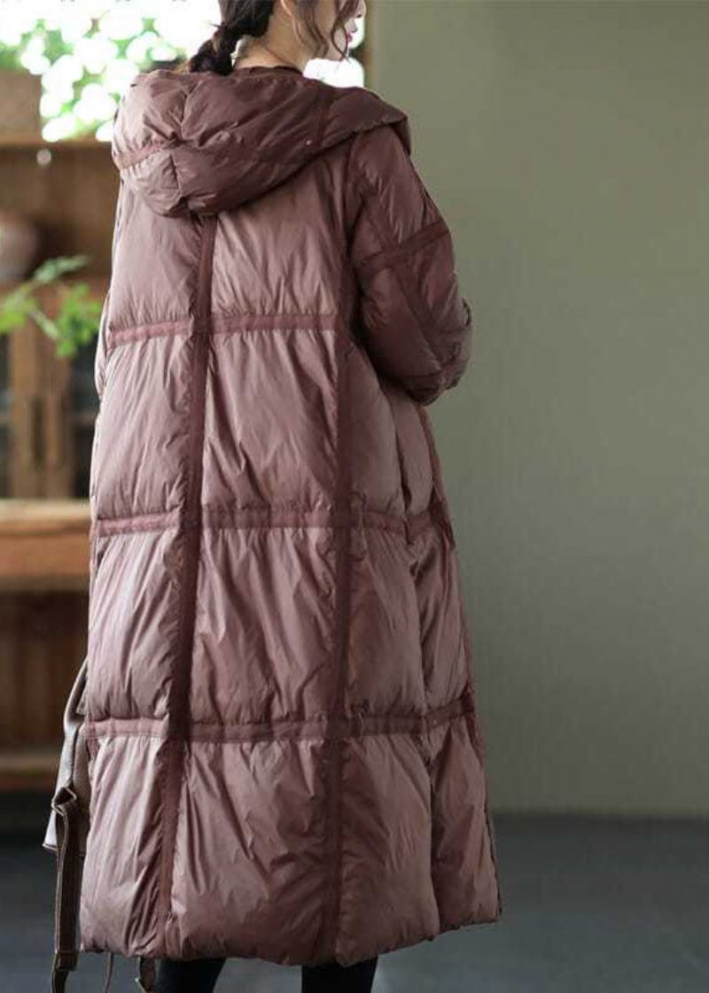 Boutique Brown Hooded Pläd Oversized Duck Down Puffer Långa Kappor Vinter - Dunjackor för kvinnor