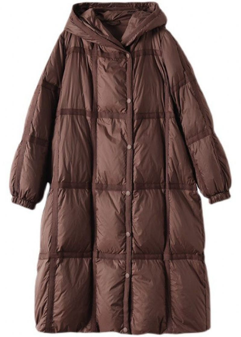 Boutique Brown Hooded Pläd Oversized Duck Down Puffer Långa Kappor Vinter - Dunjackor för kvinnor