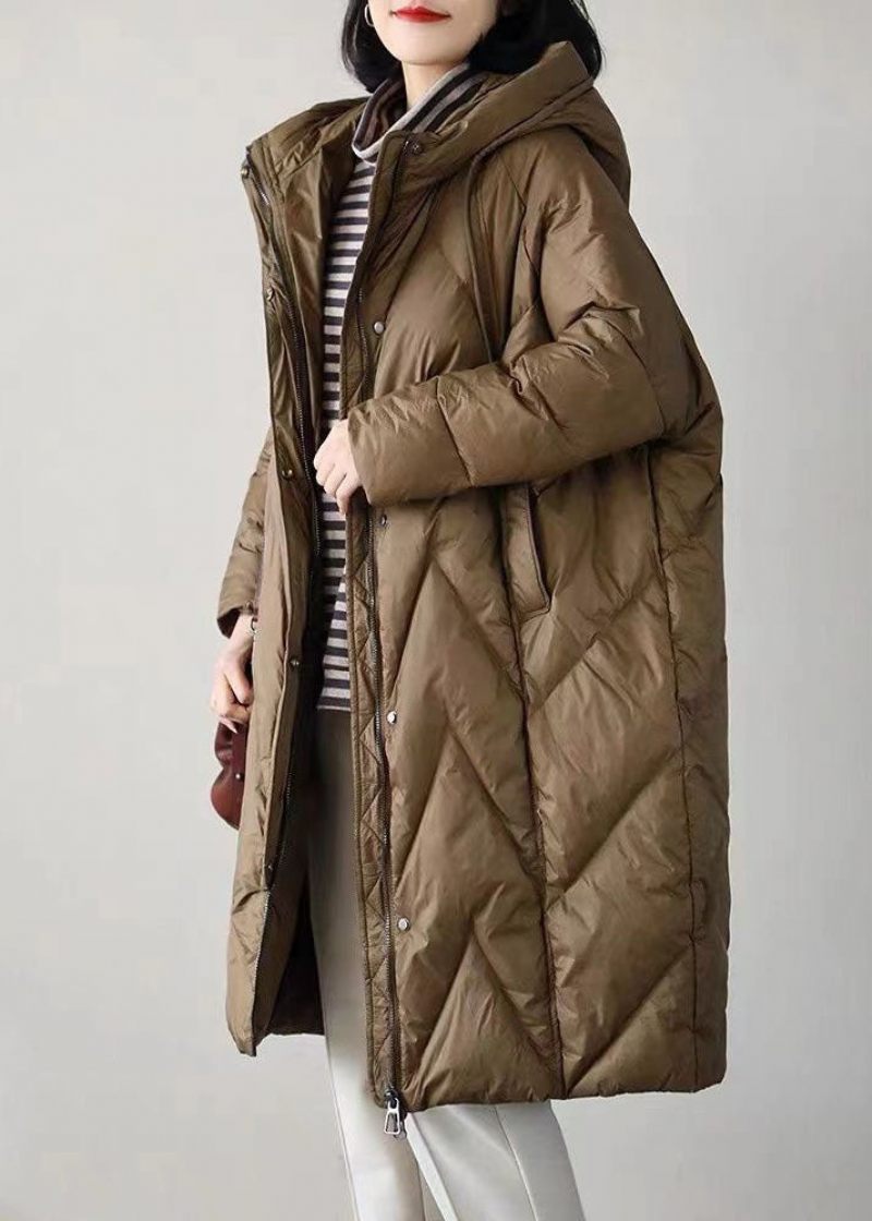 Boutique Choklad Hooded Dragsko Fickor Duck Down Puffer Jacka Vinter