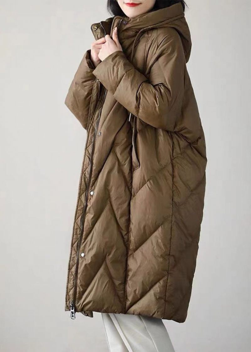 Boutique Choklad Hooded Dragsko Fickor Duck Down Puffer Jacka Vinter - Dunjackor för kvinnor