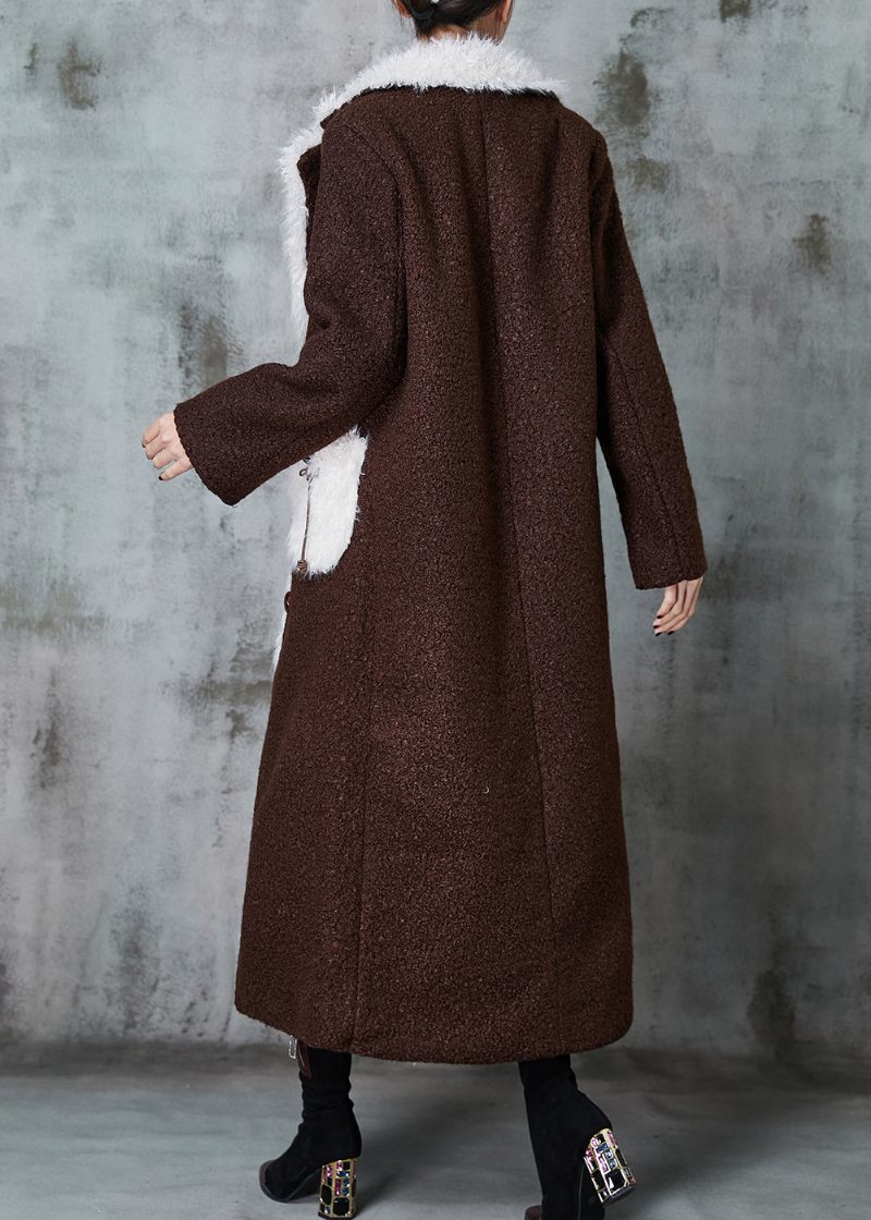 Boutique Choklad Patchwork Fickor Fleece Ull Fodrad Trench Winter - Vinterkappor för kvinnor