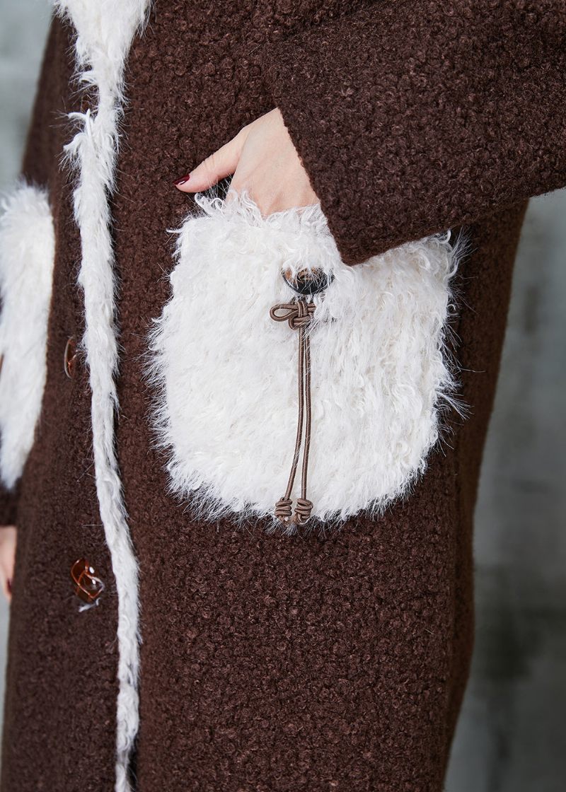 Boutique Choklad Patchwork Fickor Fleece Ull Fodrad Trench Winter - Vinterkappor för kvinnor