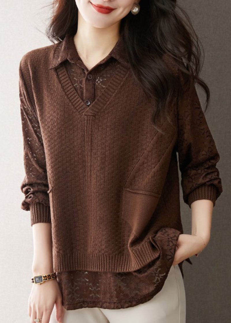 Boutique Coffee Peter Pan Krage False Two Piece Woolen Knit Shirts Fall