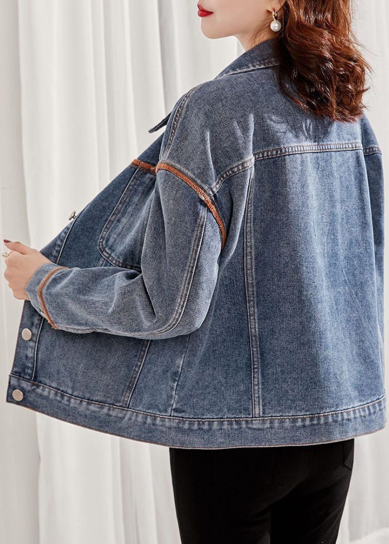 Boutique Denim Blå Peter Pan Krage Patchwork Fickor Bomull Jacka Spring - Vinterkappor för kvinnor