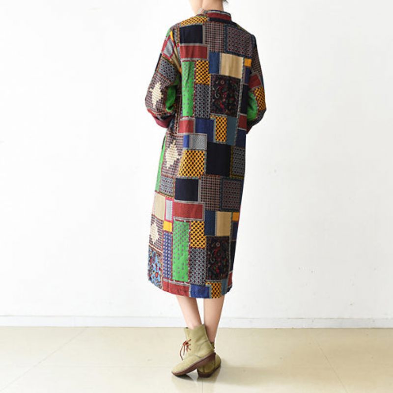 Boutique Flerfärgad Patchwork-jacka Plus Size O-ringad Cardigans Fladdermus Ärm Långa Jackor - Vinterkappor för kvinnor