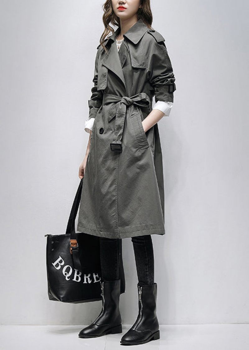 Boutique Grå Naggade Fickor Knyt Midja Bomull Trench Spring - Trenchcoats för kvinnor