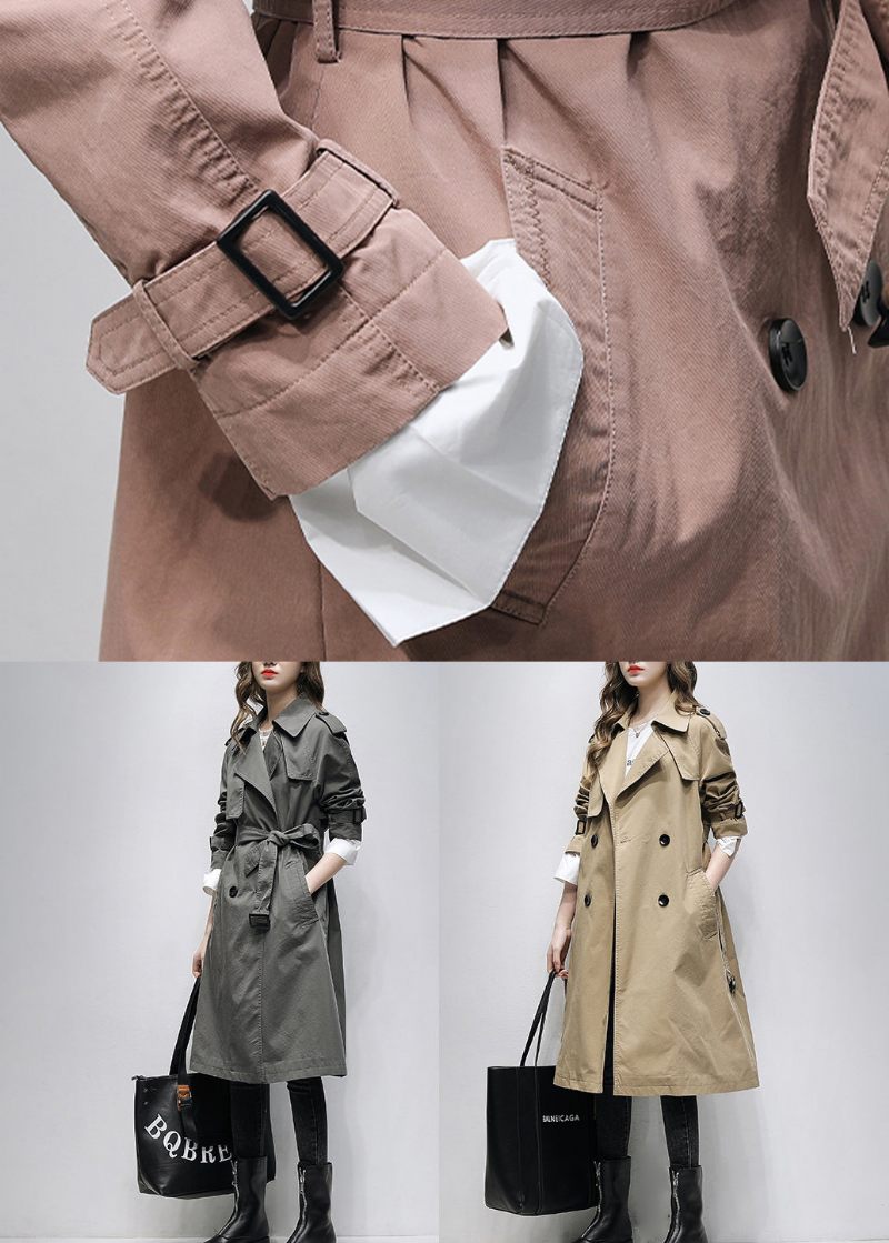 Boutique Grå Naggade Fickor Knyt Midja Bomull Trench Spring - Trenchcoats för kvinnor