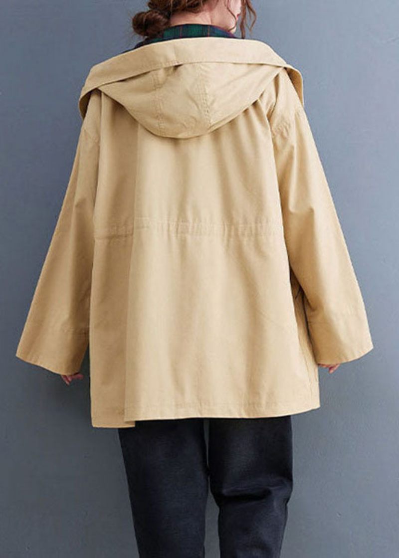 Boutique Khaki Mode Fickor Dragsko Höst Hoodie Coat - Kaki