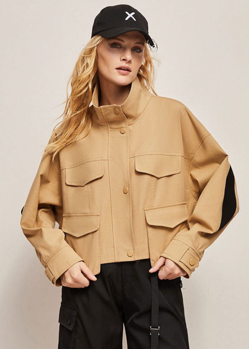 Boutique Khaki Stativ Krage Oversized Patchwork Bomullsjacka Spring