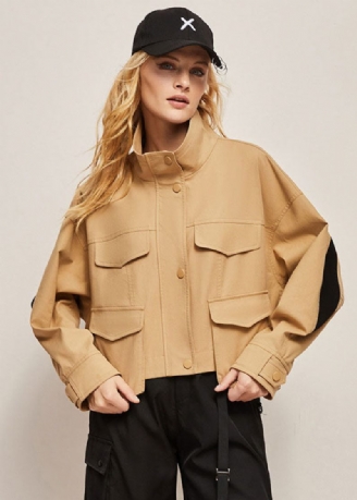 Boutique Khaki Stativ Krage Oversized Patchwork Bomullsjacka Spring