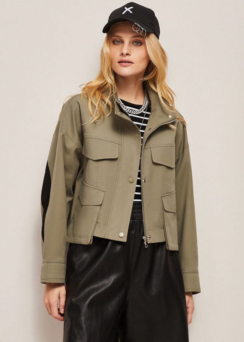 Boutique Khaki Stativ Krage Oversized Patchwork Bomullsjacka Spring - Kaki