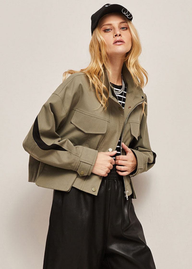 Boutique Khaki Stativ Krage Oversized Patchwork Bomullsjacka Spring - Kaki