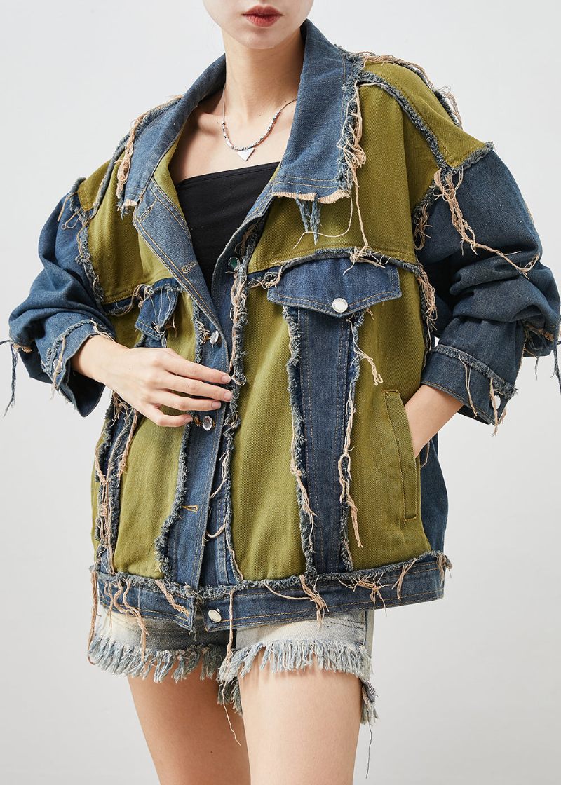 Boutique Marinblå Asymmetrisk Patchwork Applikation Denim Coat Spring - Vinterkappor för kvinnor