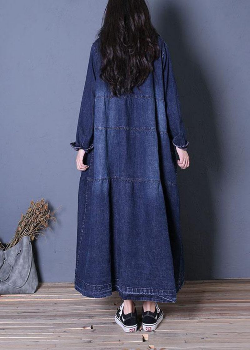 Boutique Oversize Lång Höst Denim Blå Patchwork Button Down Damrockar - Trenchcoats för kvinnor