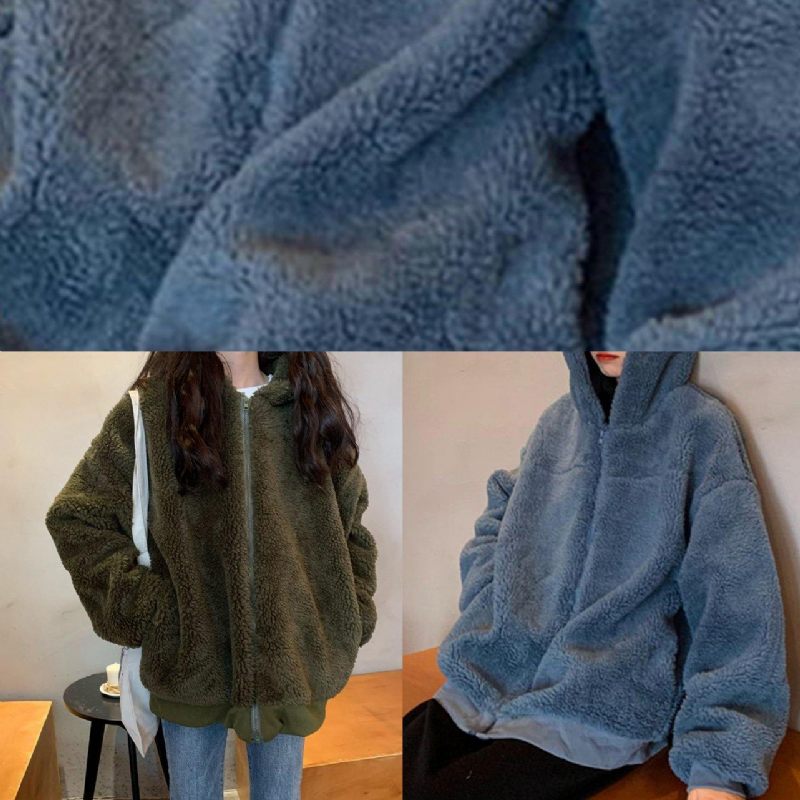 Boutique Oversized Mellanlång Kappa Vinter Ytterkläder Gröna Huv Ull Jackor - Blå