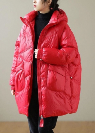 Boutique Röd Hooded Dragsko Duck Down Puffer Jacka Vinter