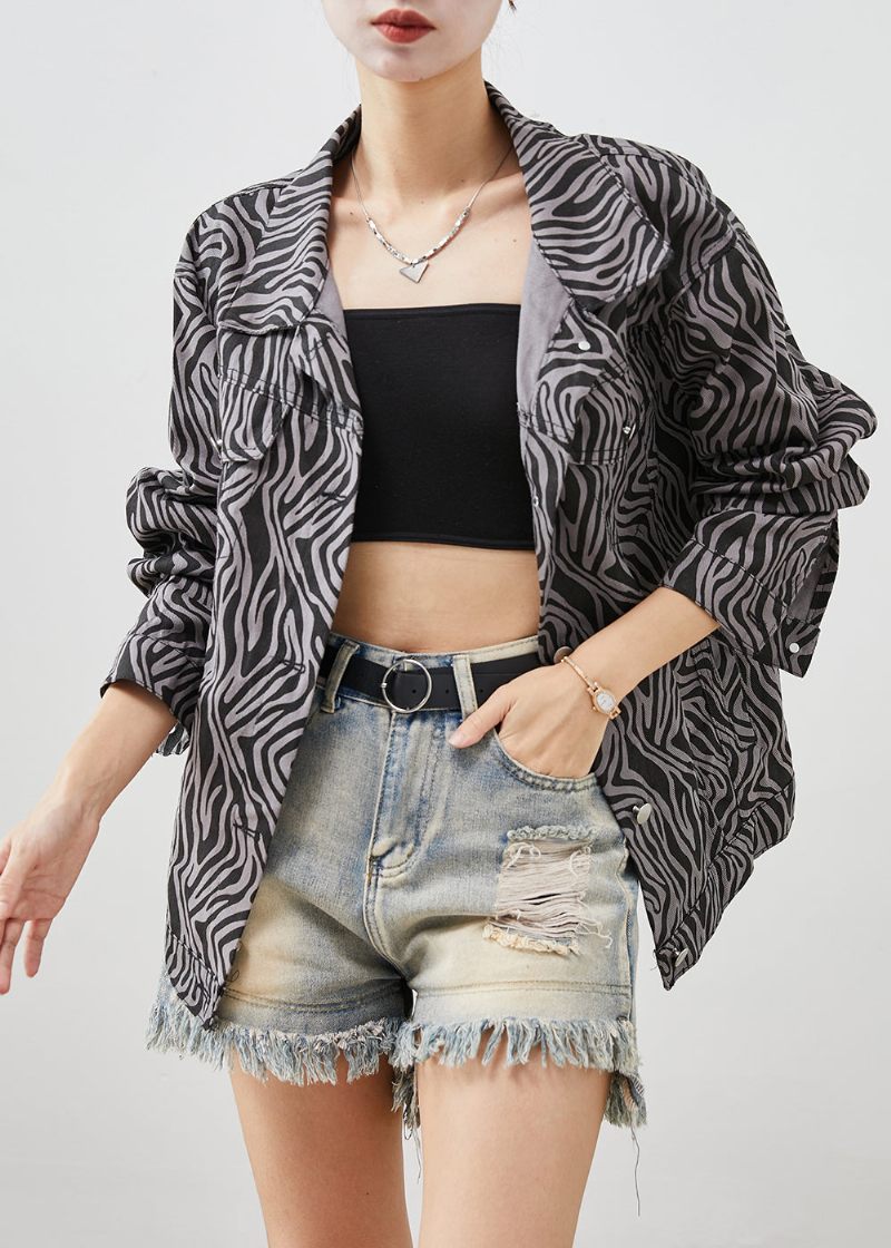 Boutique Svart Oversized Zebra Mönster Denim Coat Fall