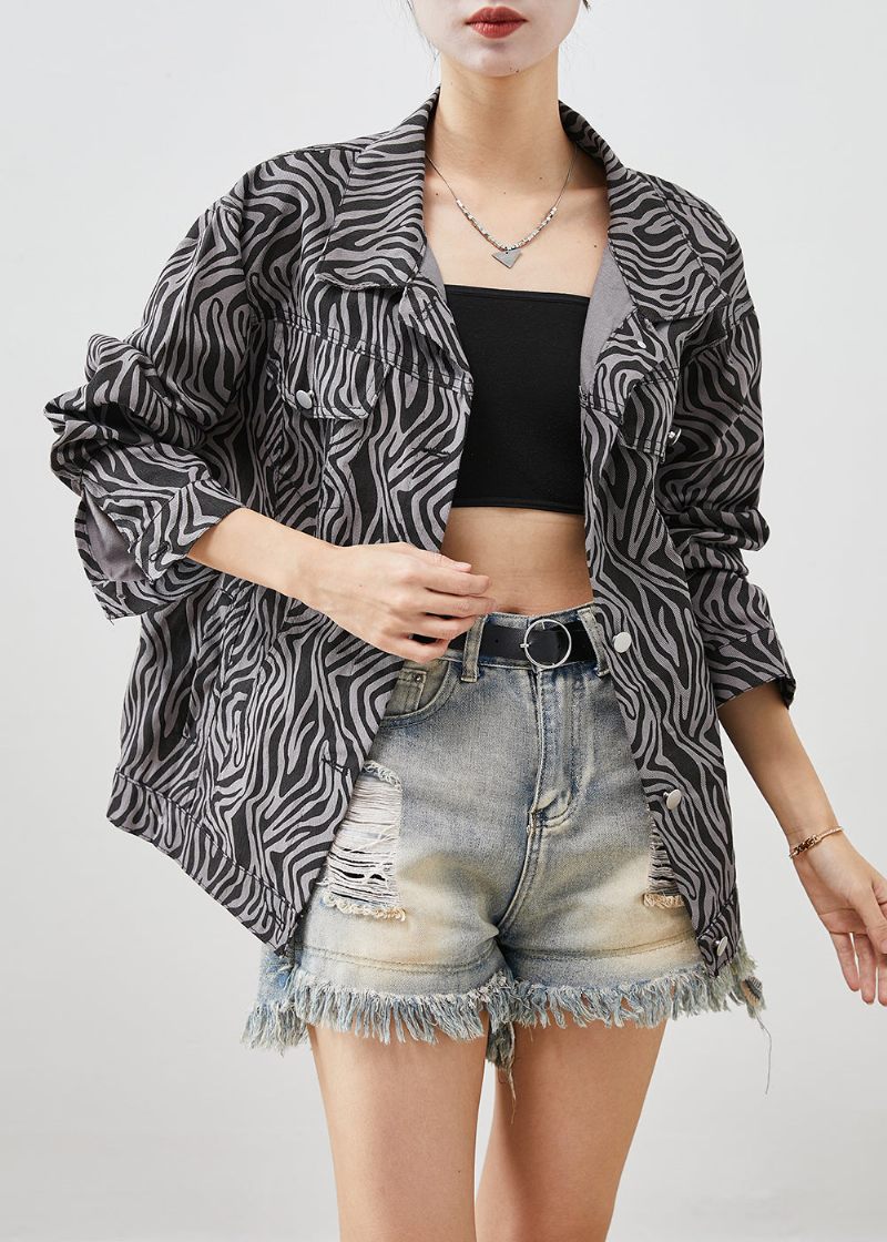 Boutique Svart Oversized Zebra Mönster Denim Coat Fall - Vinterkappor för kvinnor