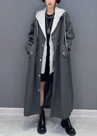 Boutique Svarta Fickor Hooded False Two Pieces Patchwork Trench Coat Fall